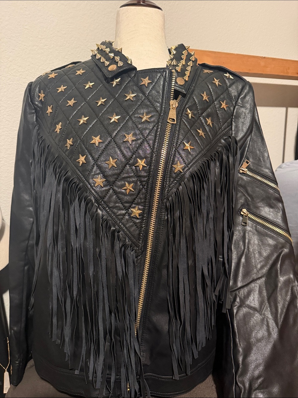 New.. Faux  Leather Fringe Jacket with Star Studs and Flag Accent
